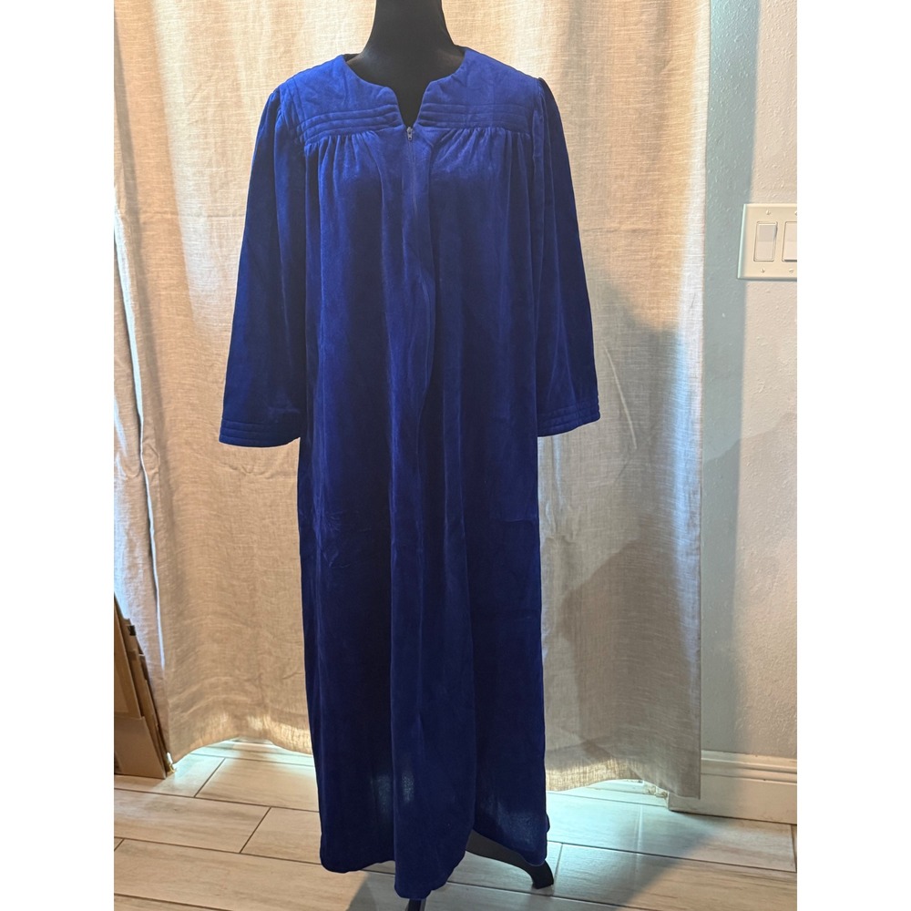 Vintage Royal Blue Velour Zip Front Robe Long Housecoat Loungewear L USA Made